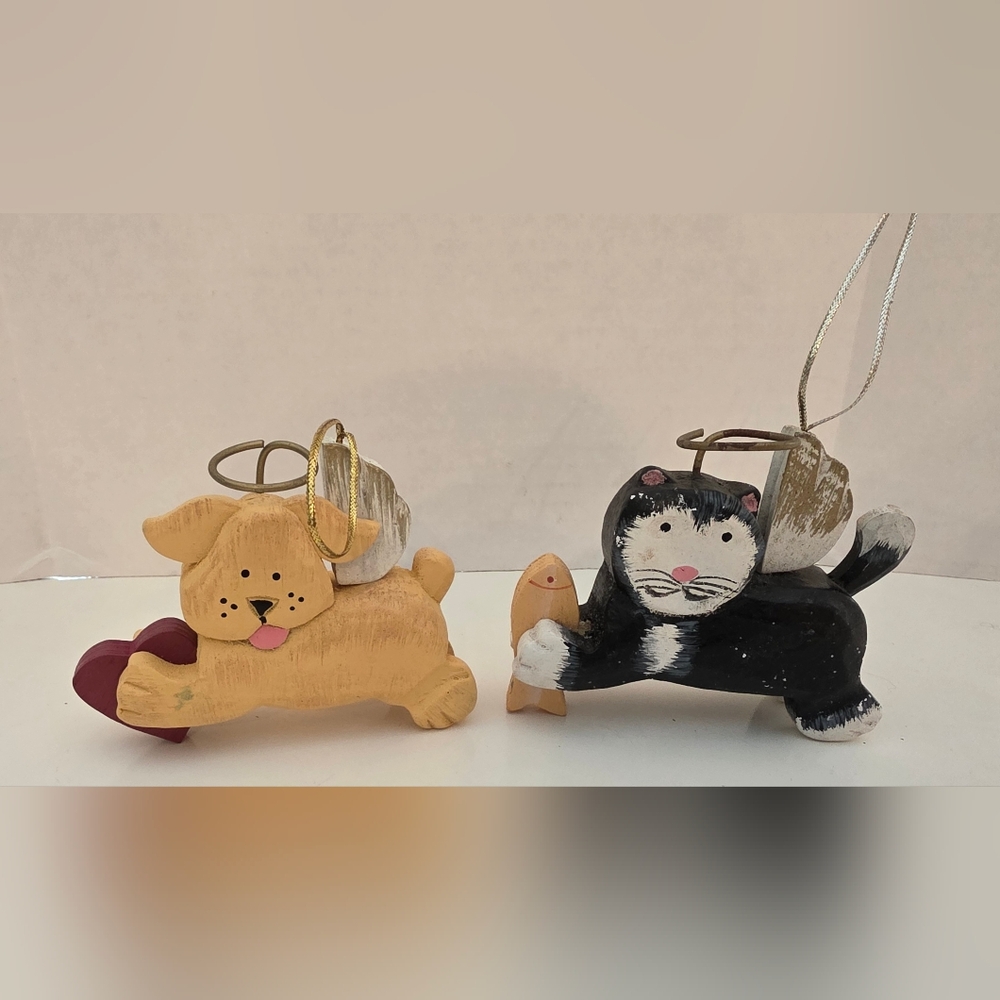 Vintage Handpainted Wood Folk Art Angel Cat & Dog Christmas Ornaments